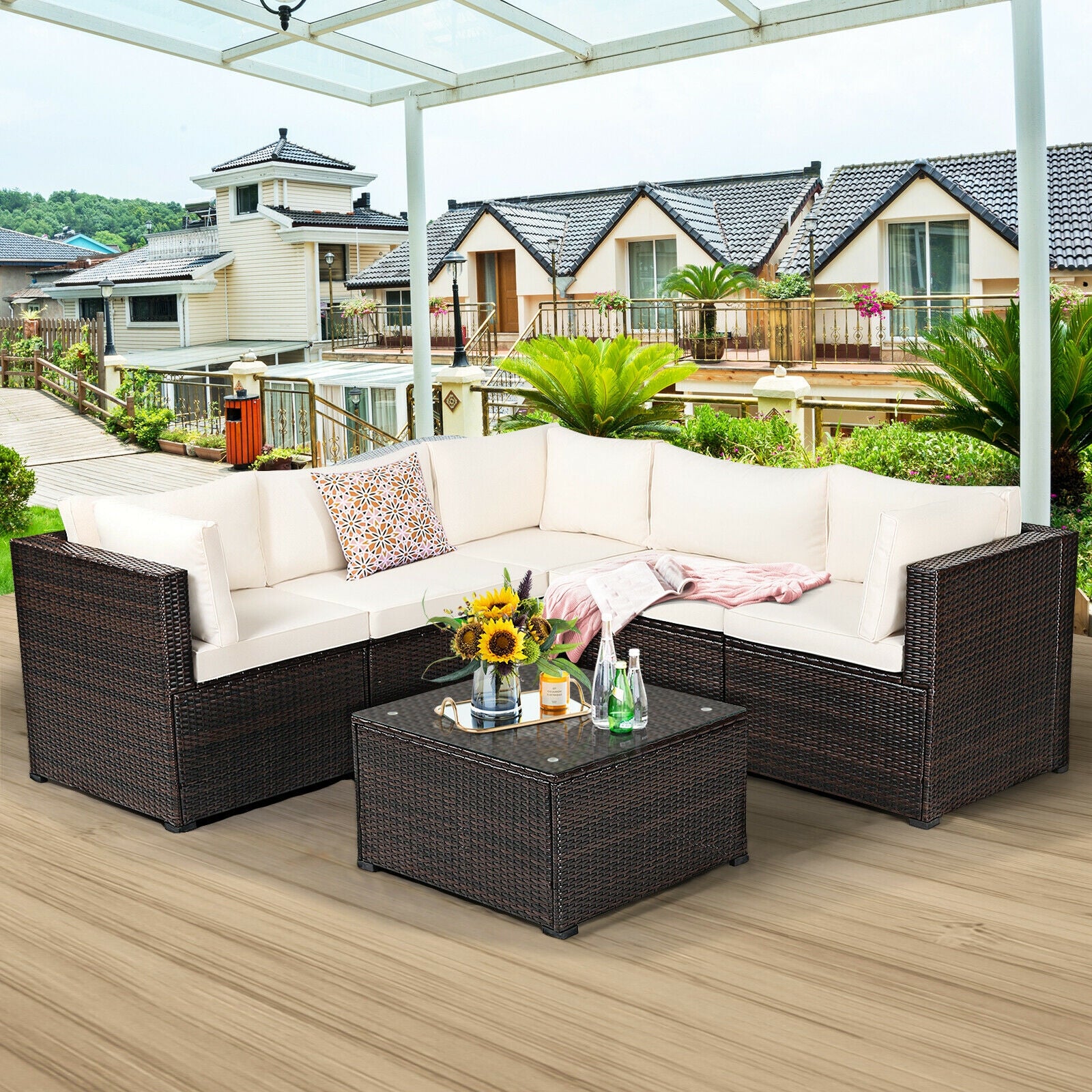 6 Pieces Patio Furniture Sofa Set with Cushions for Outdoor-BeigeÂ