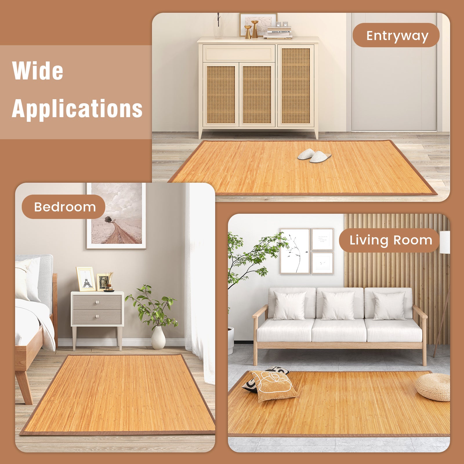 5 x 8 Feet Bamboo Floor Mat with Anti-Slip Backing for Living Room BedroomÂ