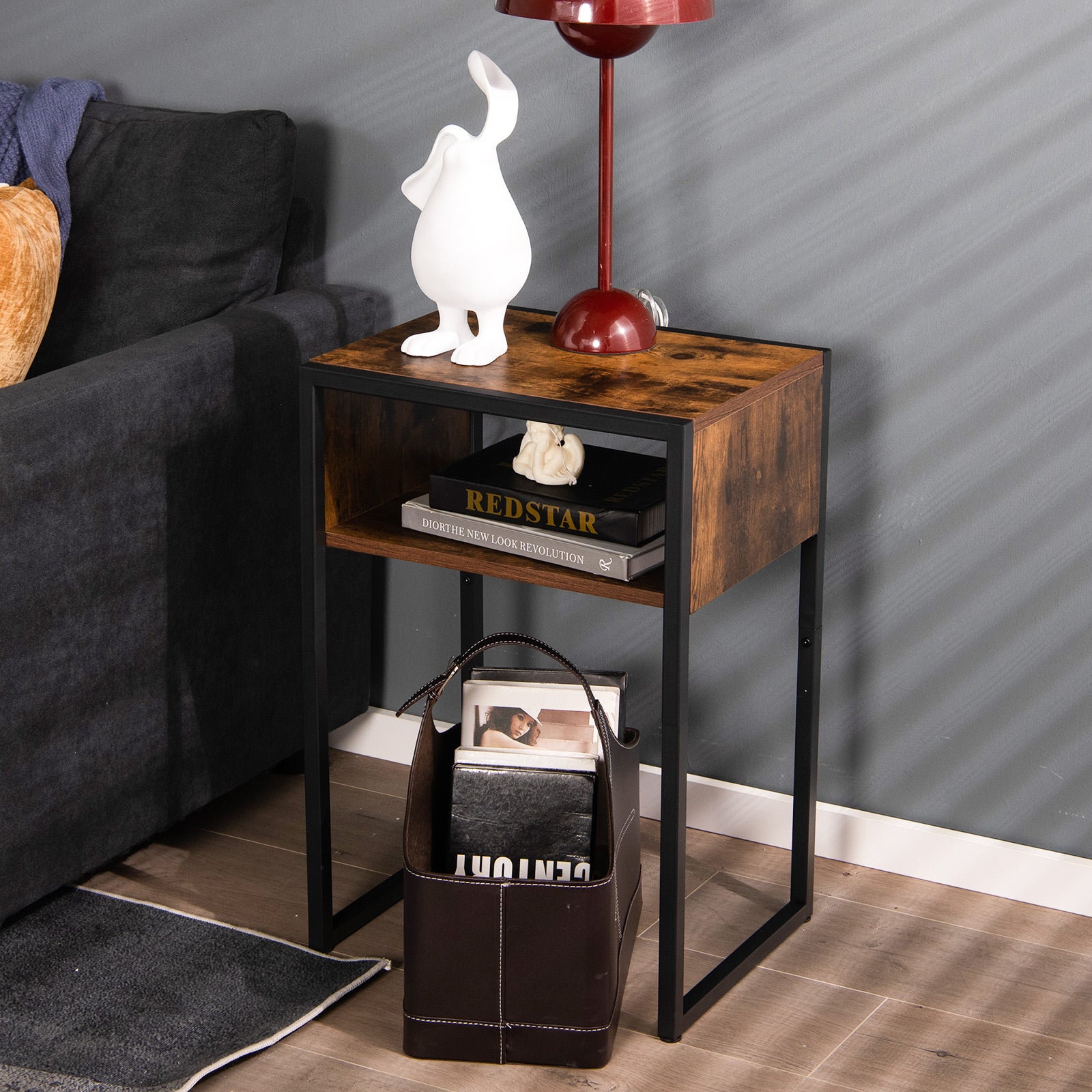 Industrial Side Table with Anti-Rust Steel Frame and Open StorageÂ