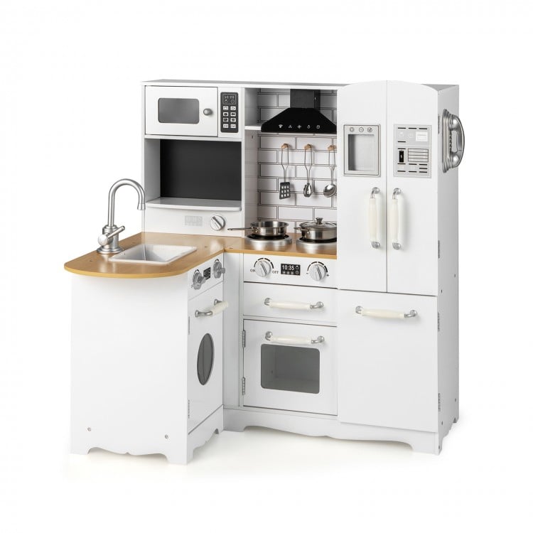 Wooden Kid's Corner Kitchen Playset with Stove for Toddlers-Natural & White