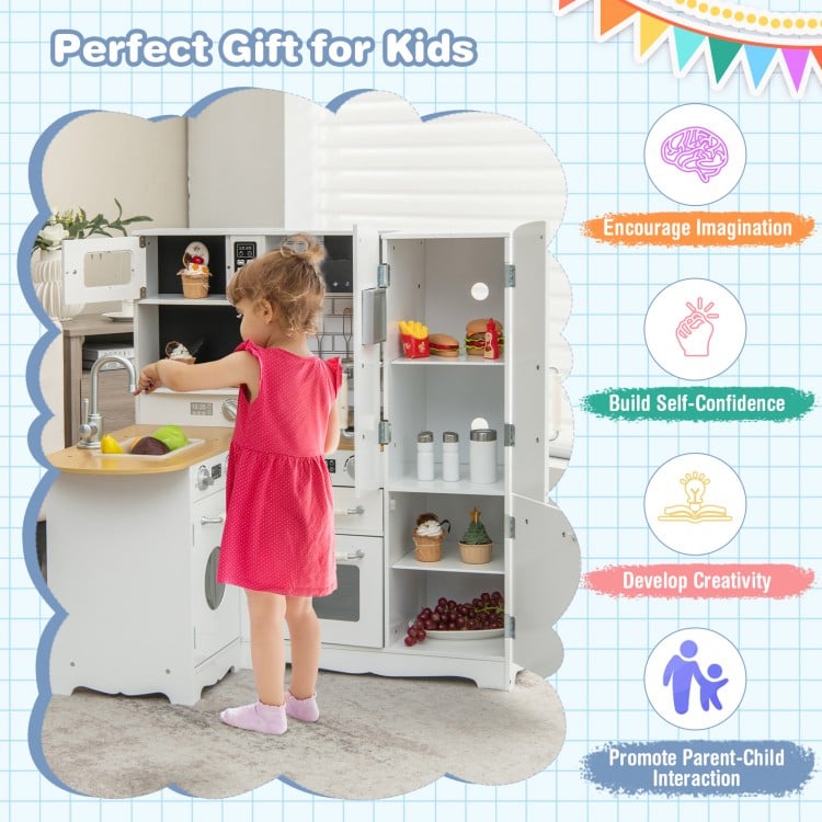 Wooden Kid's Corner Kitchen Playset with Stove for Toddlers-Natural & White