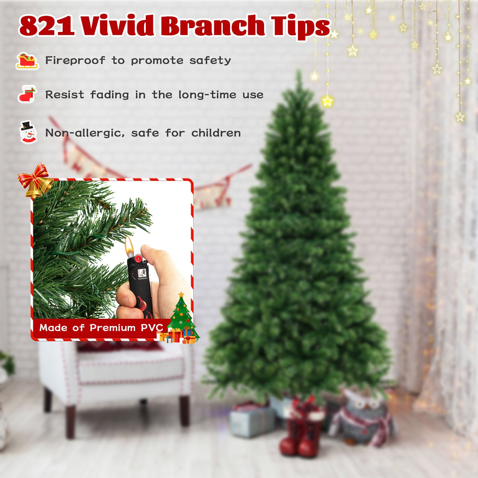 6/7/8 Feet Hinged Christmas Tree with PVC Branch Tips Warm White LED Lights-7 ftÂ