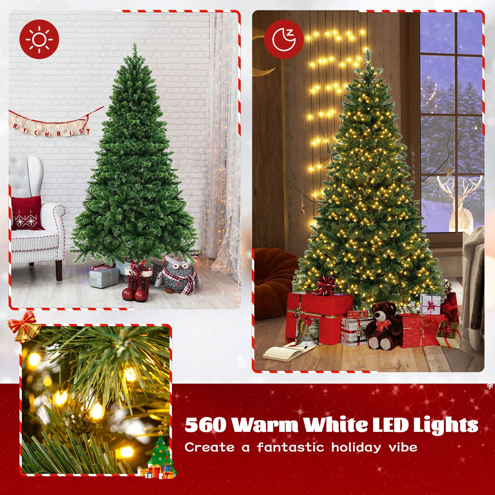 6/7/8 Feet Hinged Christmas Tree with PVC Branch Tips Warm White LED Lights-7 ftÂ