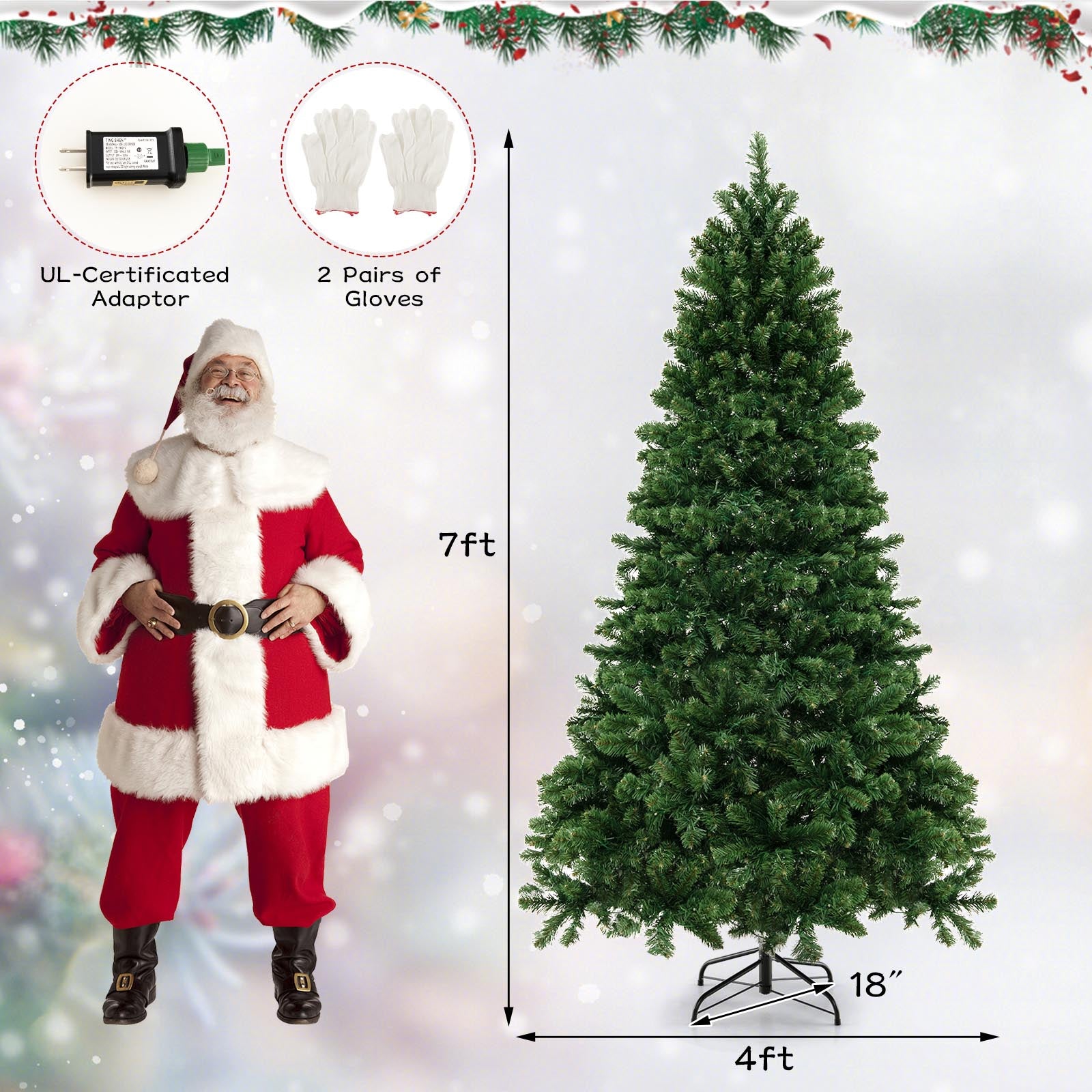 6/7/8 Feet Hinged Christmas Tree with PVC Branch Tips Warm White LED Lights-7 ftÂ