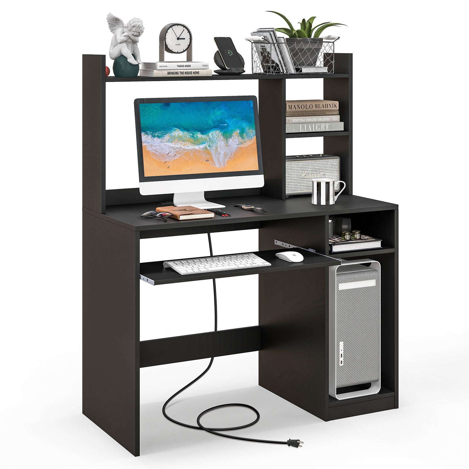 Home Office Computer Desk with Bookcase Keyboard Tray and CPU Stand-BlackÂ