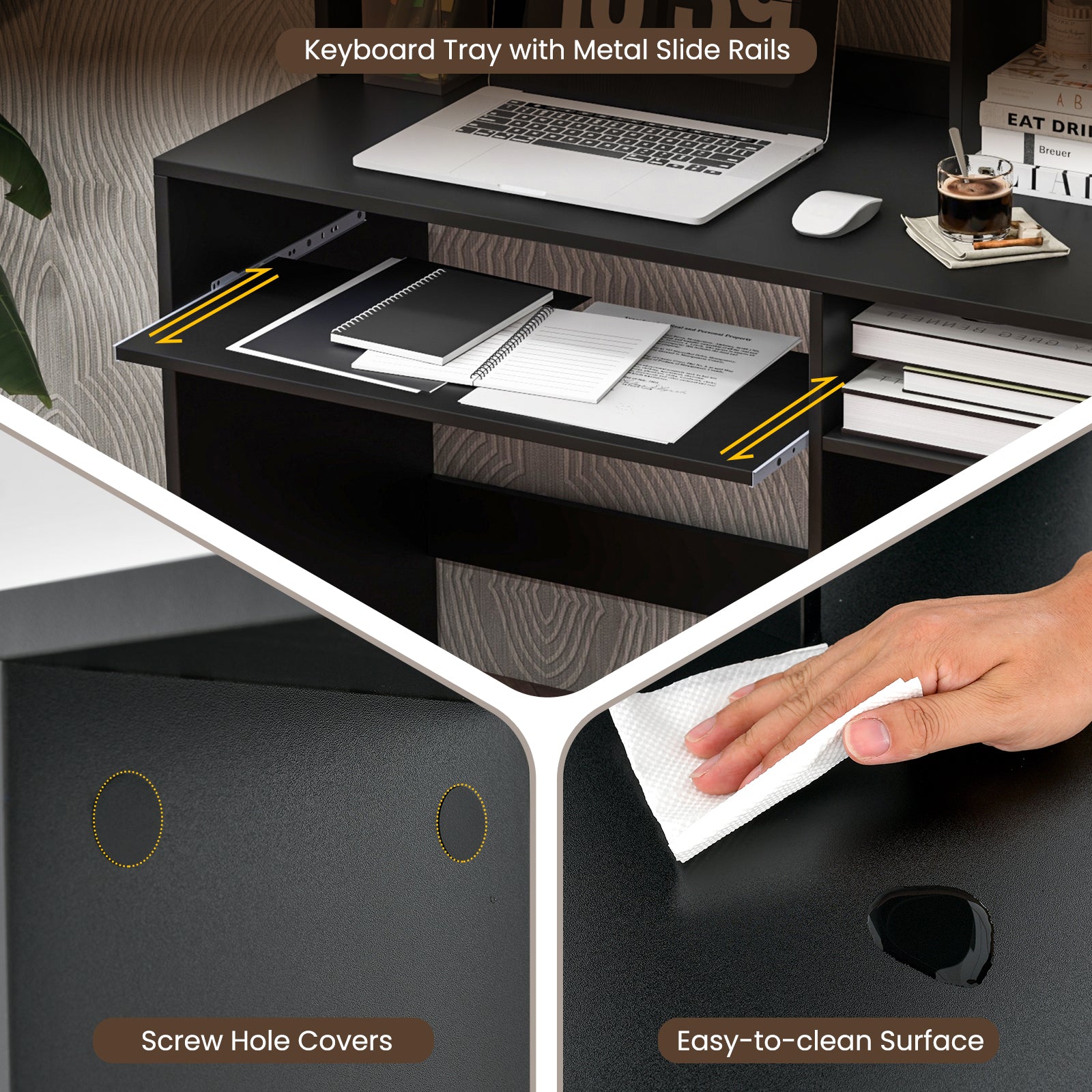 Home Office Computer Desk with Bookcase Keyboard Tray and CPU Stand-BlackÂ