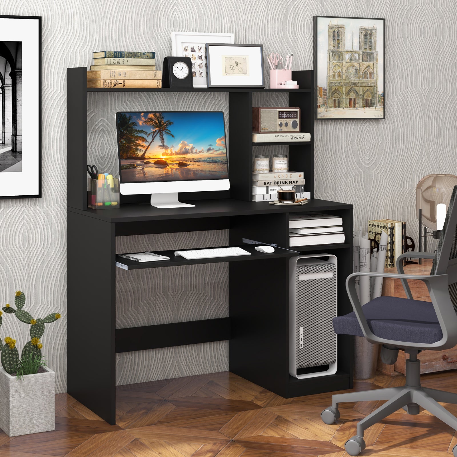 Home Office Computer Desk with Bookcase Keyboard Tray and CPU Stand-BlackÂ