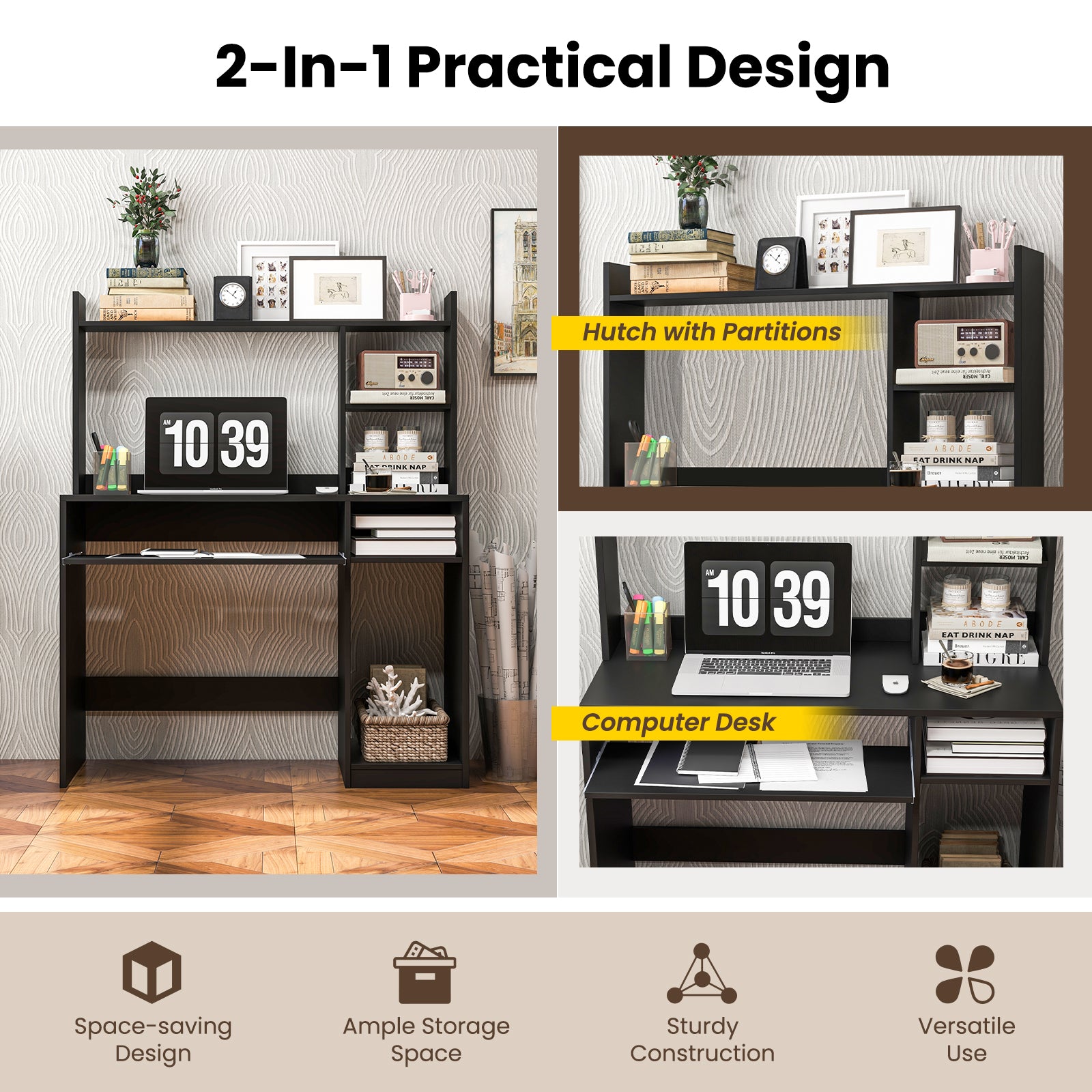 Home Office Computer Desk with Bookcase Keyboard Tray and CPU Stand-BlackÂ