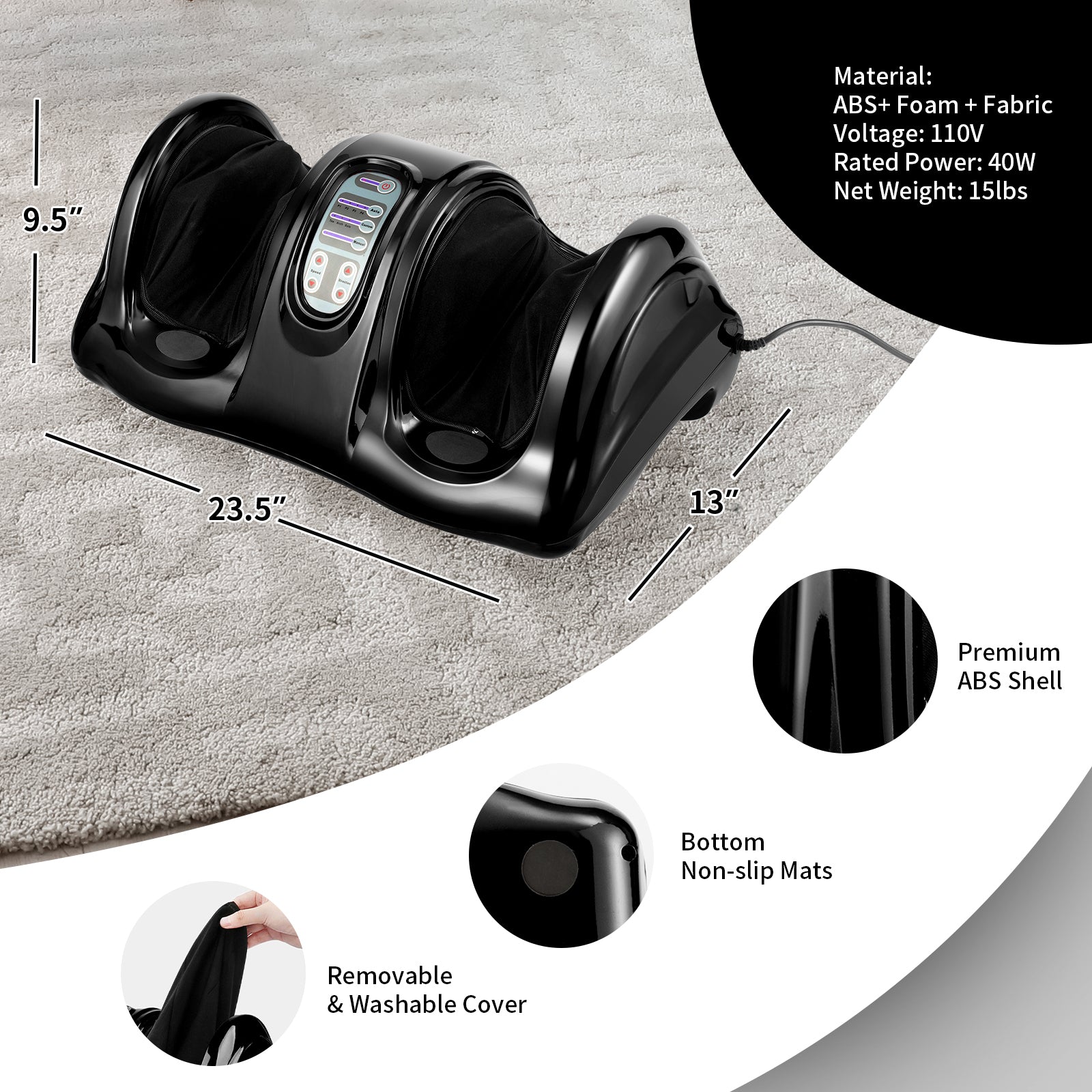 Therapeutic Shiatsu Foot Massager with High Intensity Rollers-BlackÂ