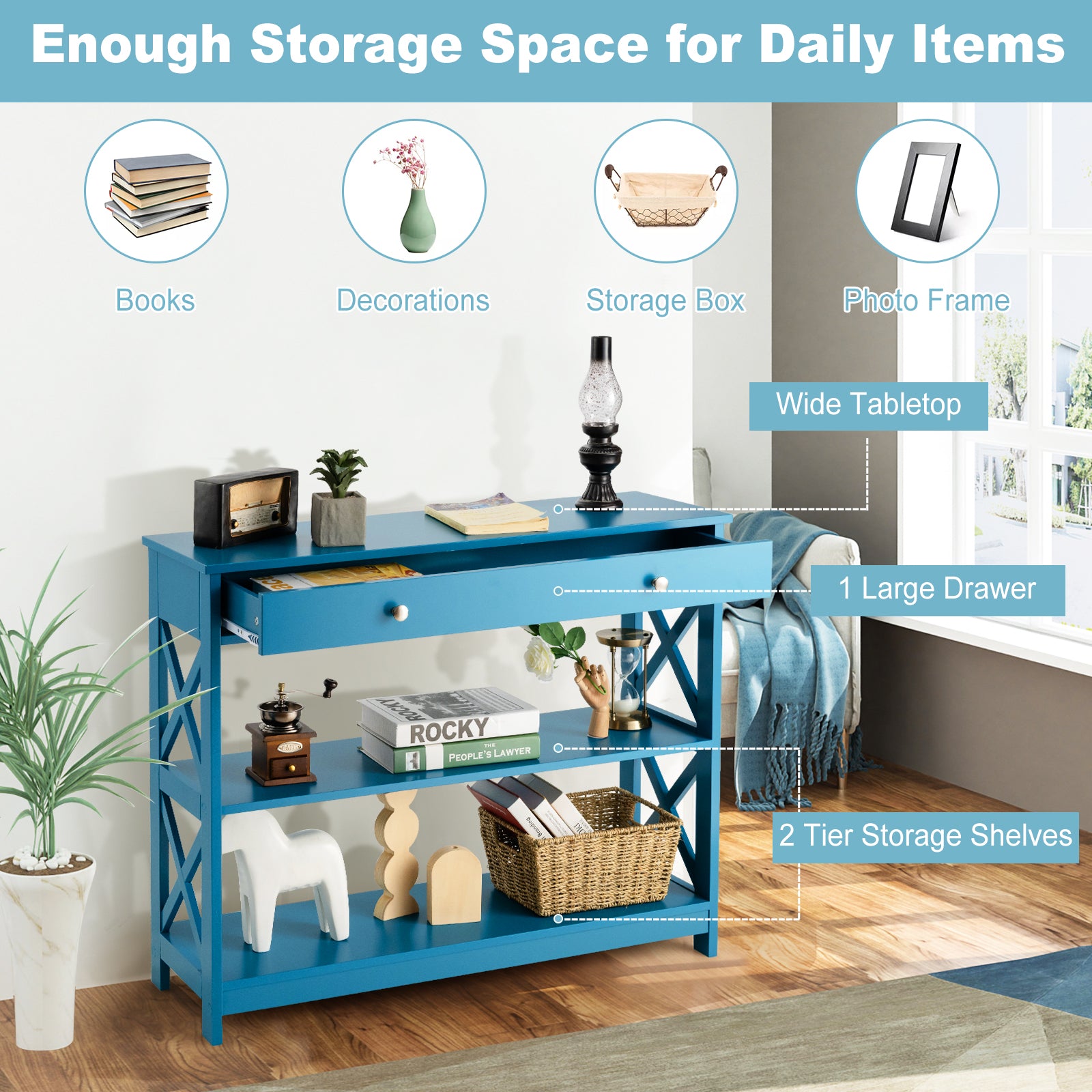 Console Table 3-Tier with Drawer and Storage Shelves-Blue