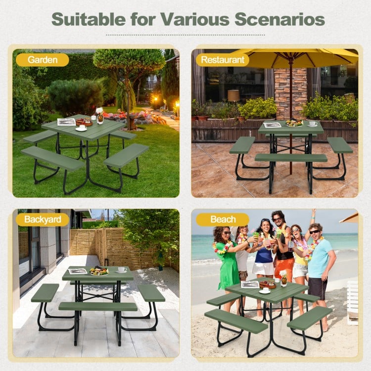 Outdoor Picnic Table with 4 Benches and Umbrella Hole-Green