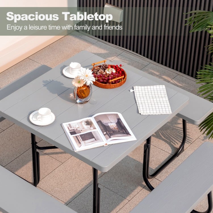 Outdoor Picnic Table with 4 Benches and Umbrella Hole-Gray