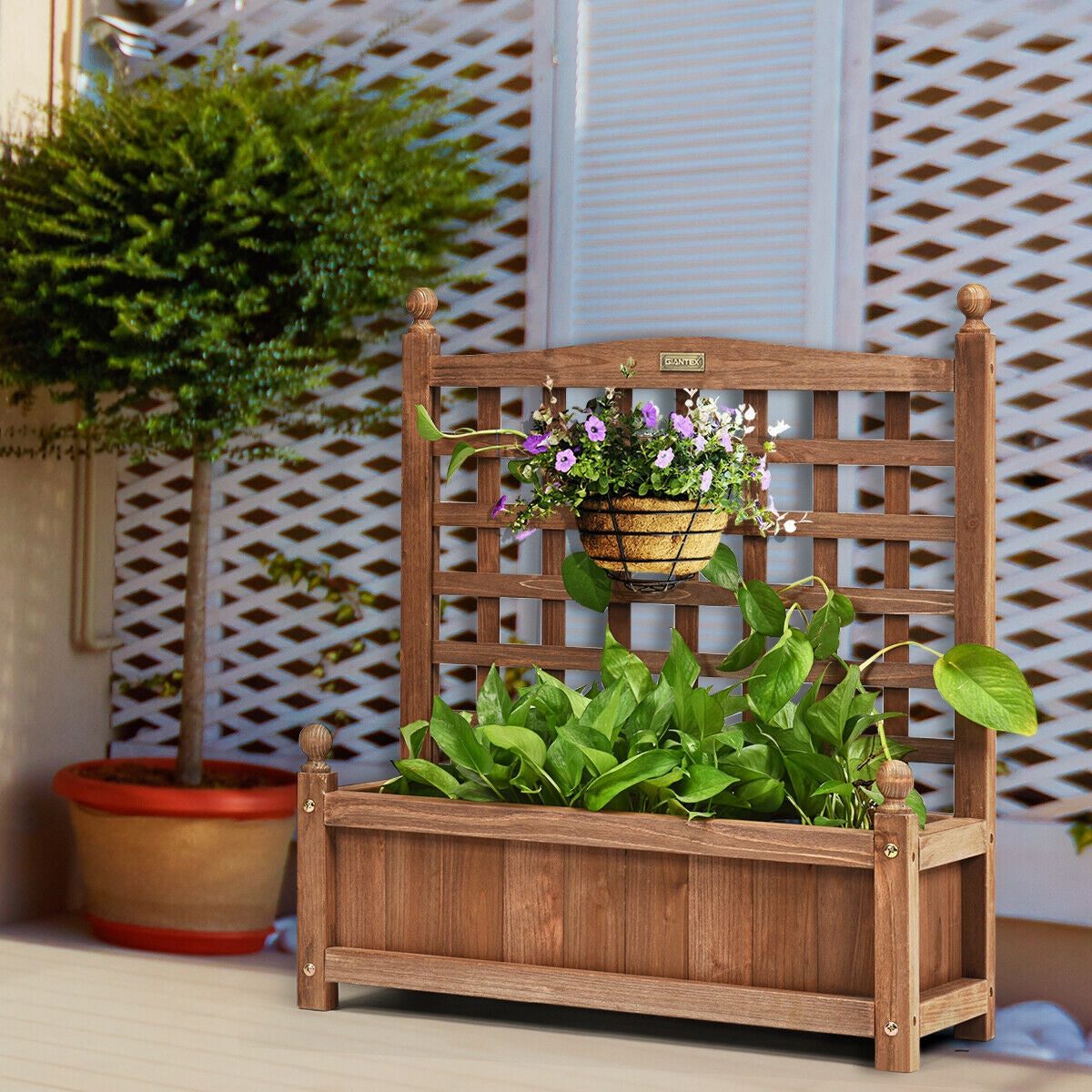 Solid Wood Planter Box with Trellis Weather-Resistant OutdoorÂ