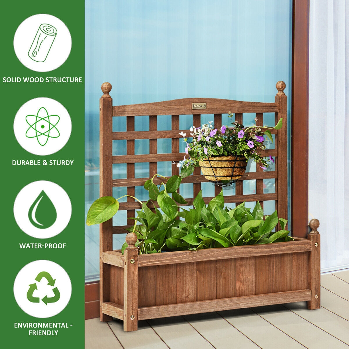 Solid Wood Planter Box with Trellis Weather-Resistant OutdoorÂ
