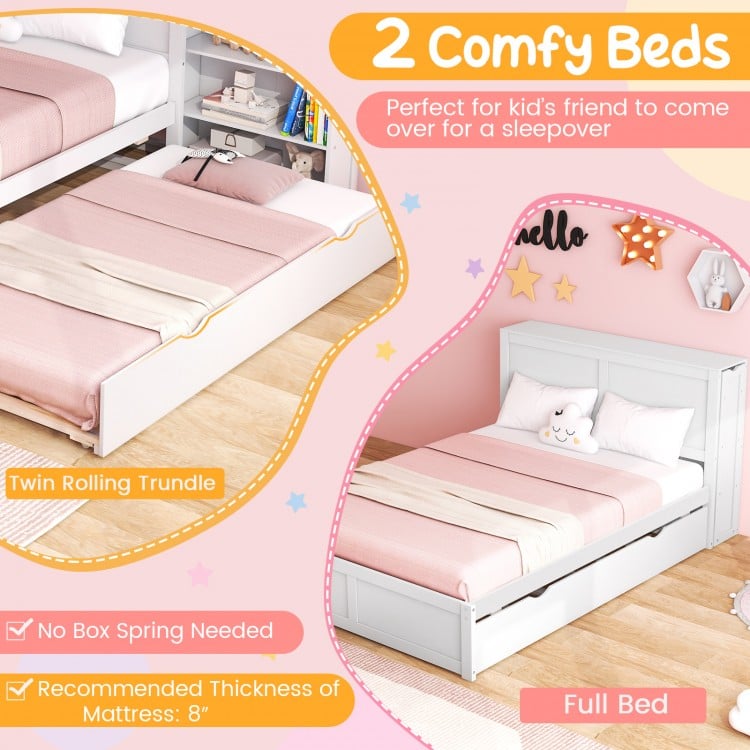 Twin/Full Kids Wooden Platform Bed with Trundle Storage Headboard-Full Size