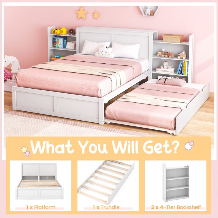 Twin/Full Kids Wooden Platform Bed with Trundle Storage Headboard-Full Size
