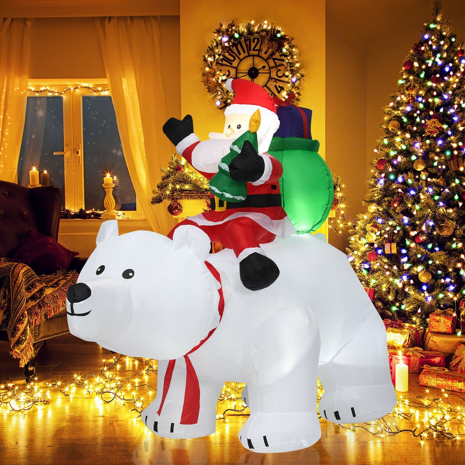 6.5 Feet Christmas Inflatable Santa Riding Polar Bear with Shaking Head LED LightsÂ