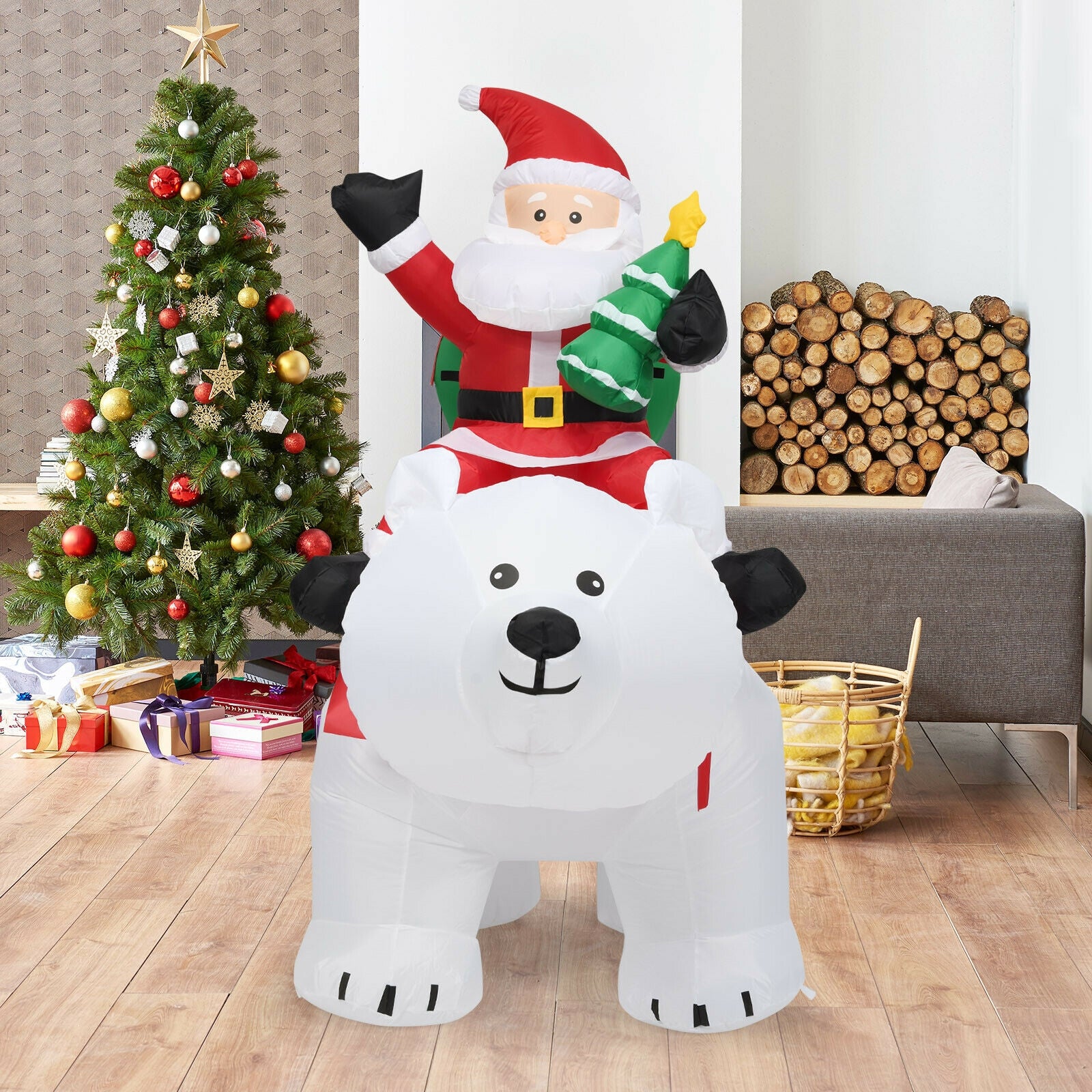 6.5 Feet Christmas Inflatable Santa Riding Polar Bear with Shaking Head LED LightsÂ