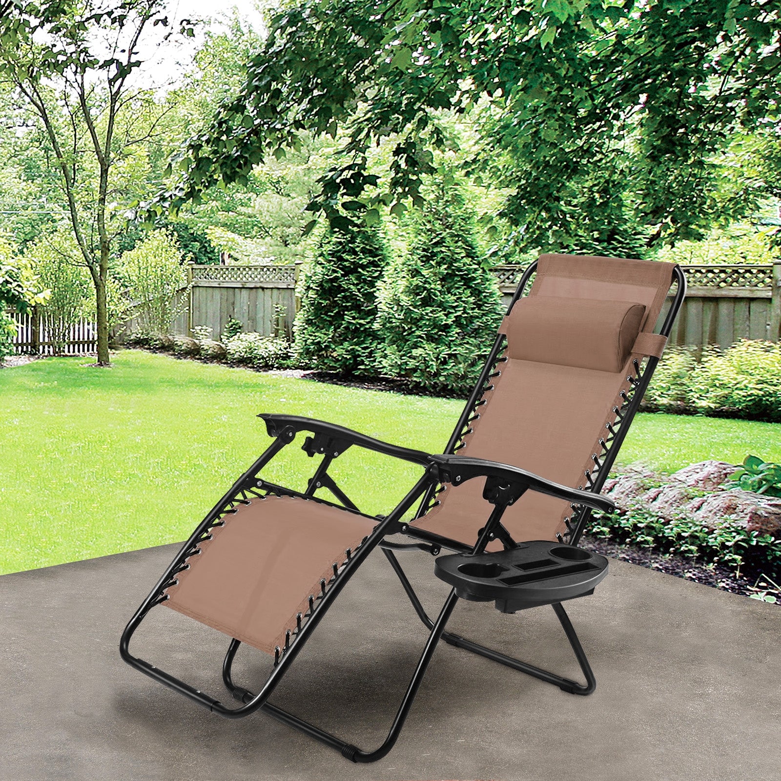 Outdoor Folding Zero Gravity Reclining Lounge Chair with Utility Tray-BrownÂ