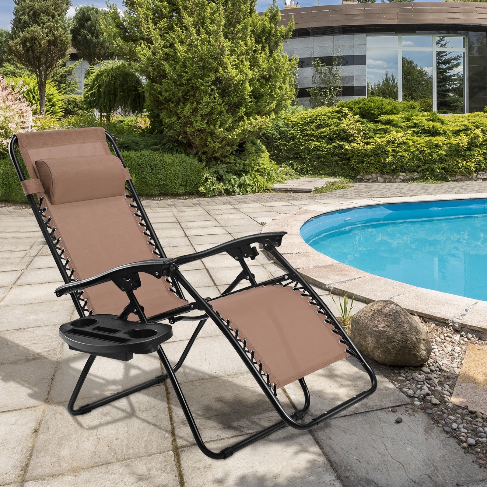 Outdoor Folding Zero Gravity Reclining Lounge Chair with Utility Tray-BrownÂ