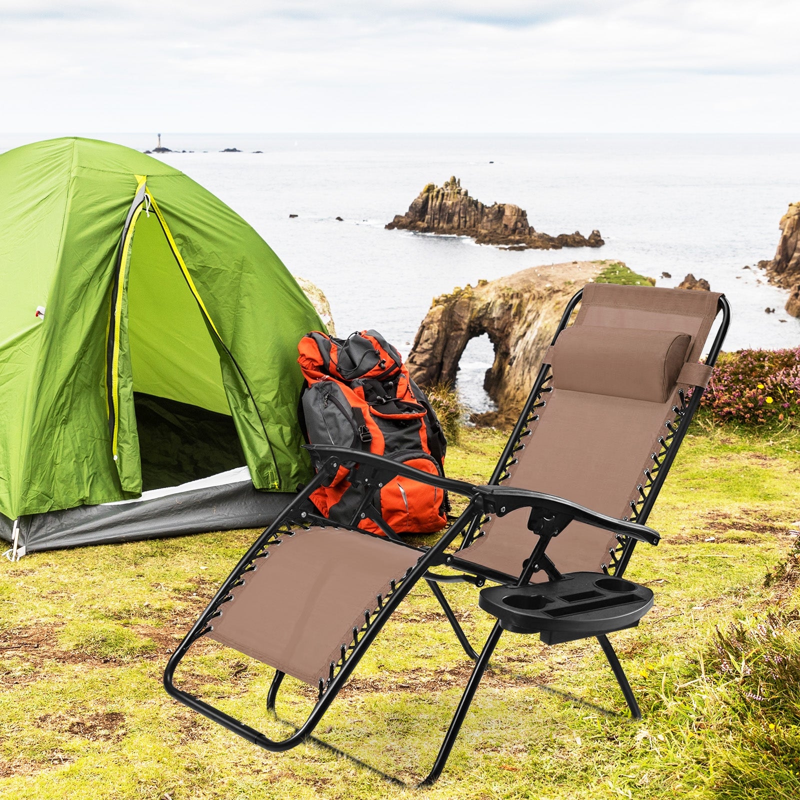 Outdoor Folding Zero Gravity Reclining Lounge Chair with Utility Tray-BrownÂ
