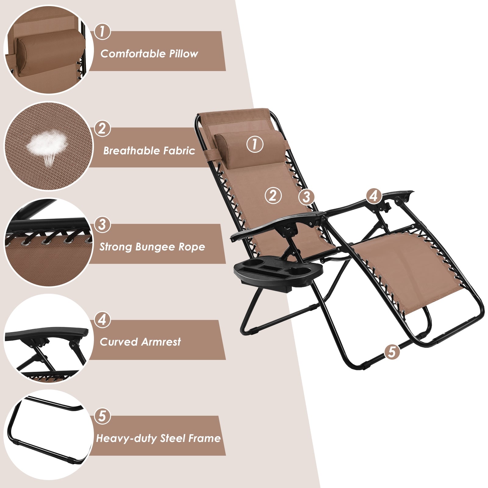 Outdoor Folding Zero Gravity Reclining Lounge Chair with Utility Tray-BrownÂ