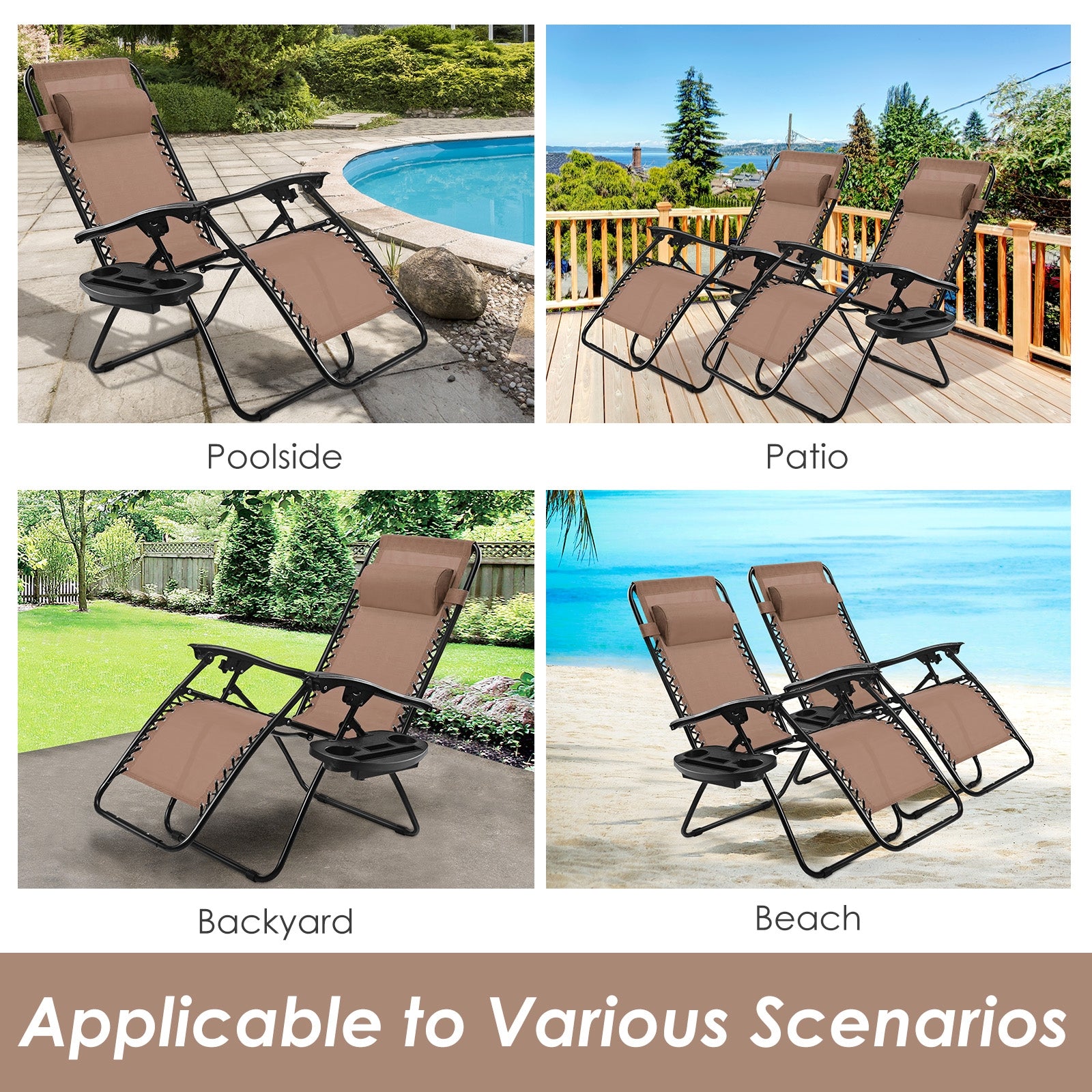 Outdoor Folding Zero Gravity Reclining Lounge Chair with Utility Tray-BrownÂ