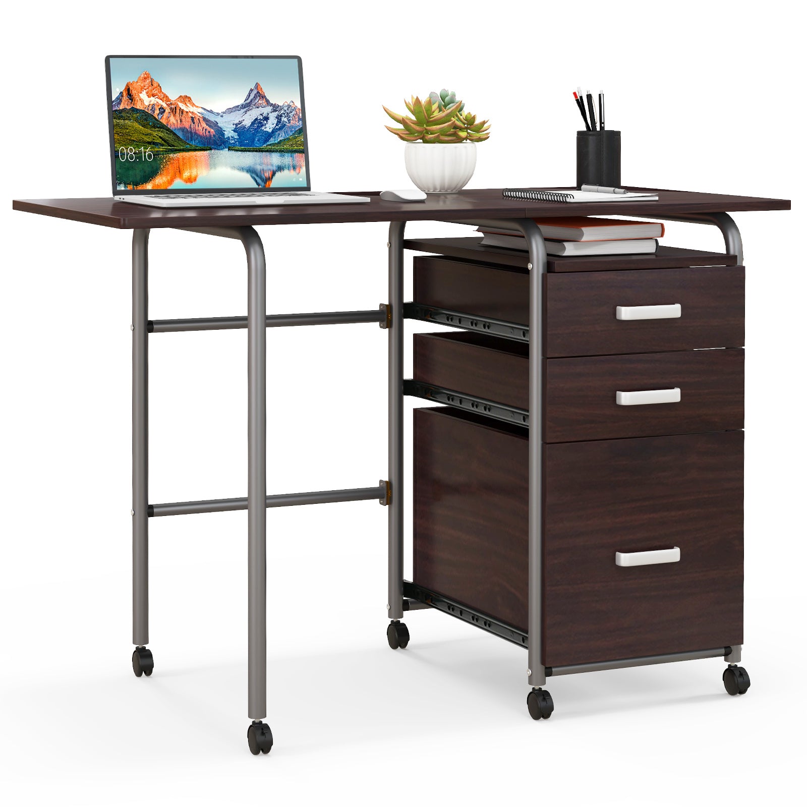 Folding Computer Laptop Desk Wheeled Home Office Furniture-BrownÂ