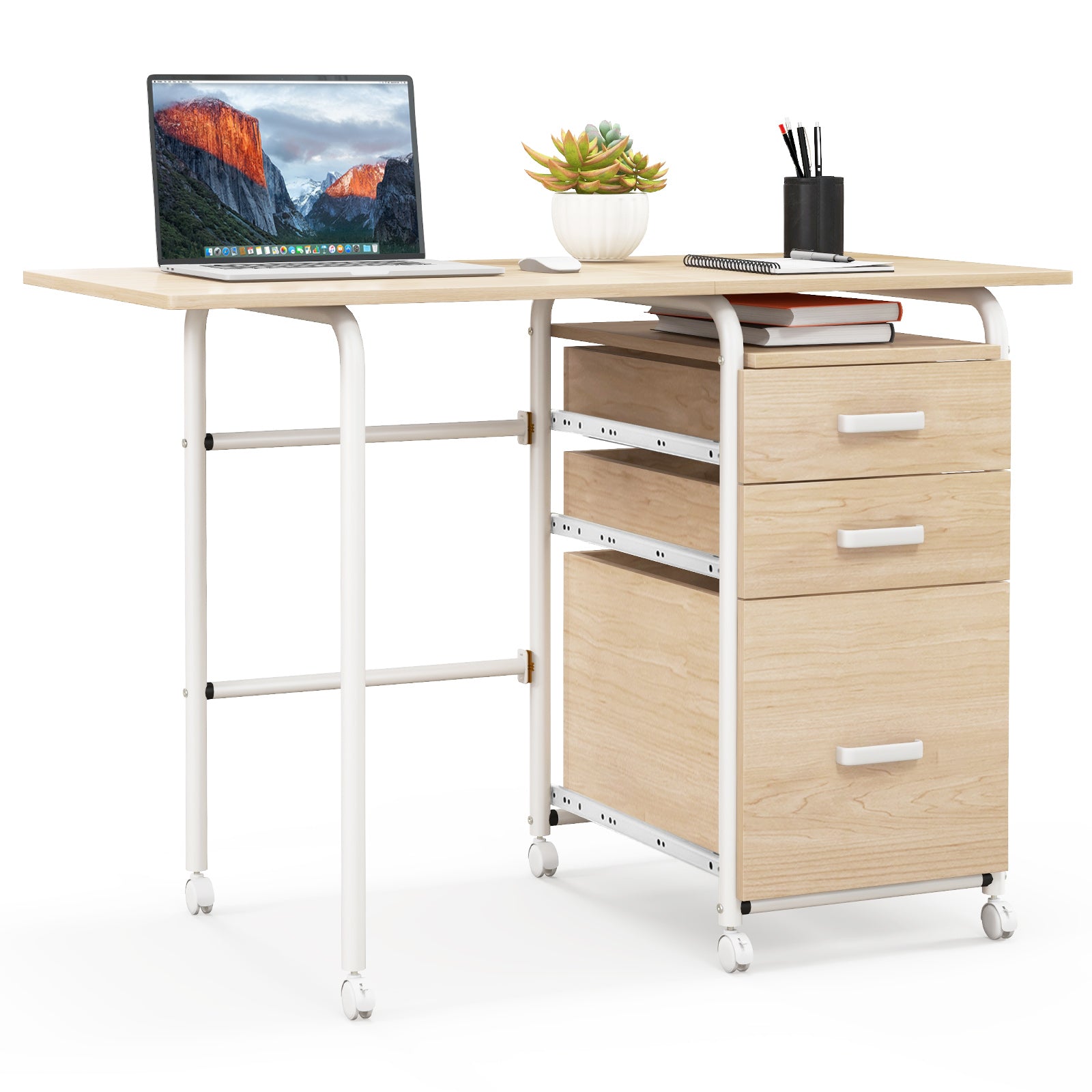 Folding Computer Laptop Desk Wheeled Home Office Furniture-NaturalÂ