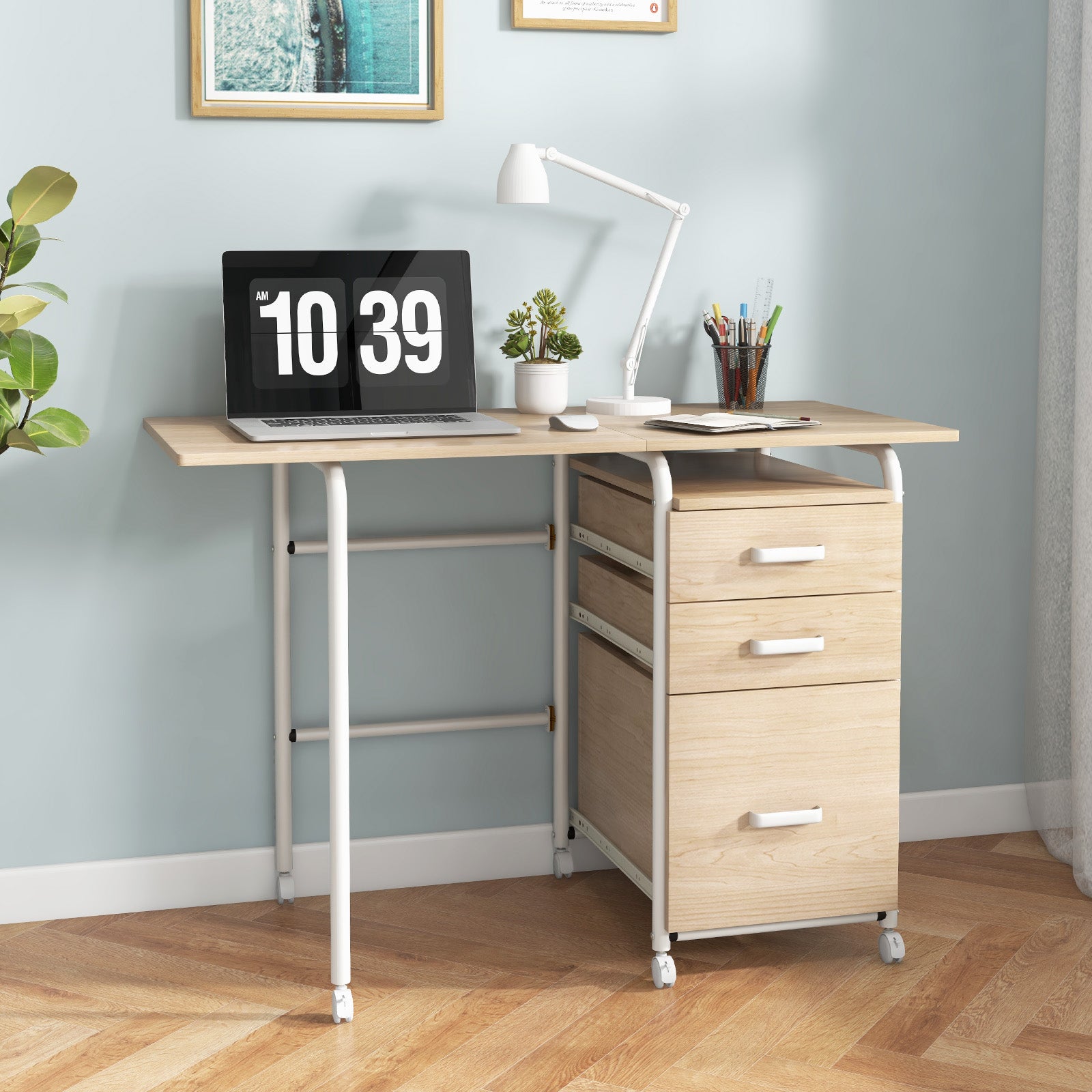 Folding Computer Laptop Desk Wheeled Home Office Furniture-NaturalÂ
