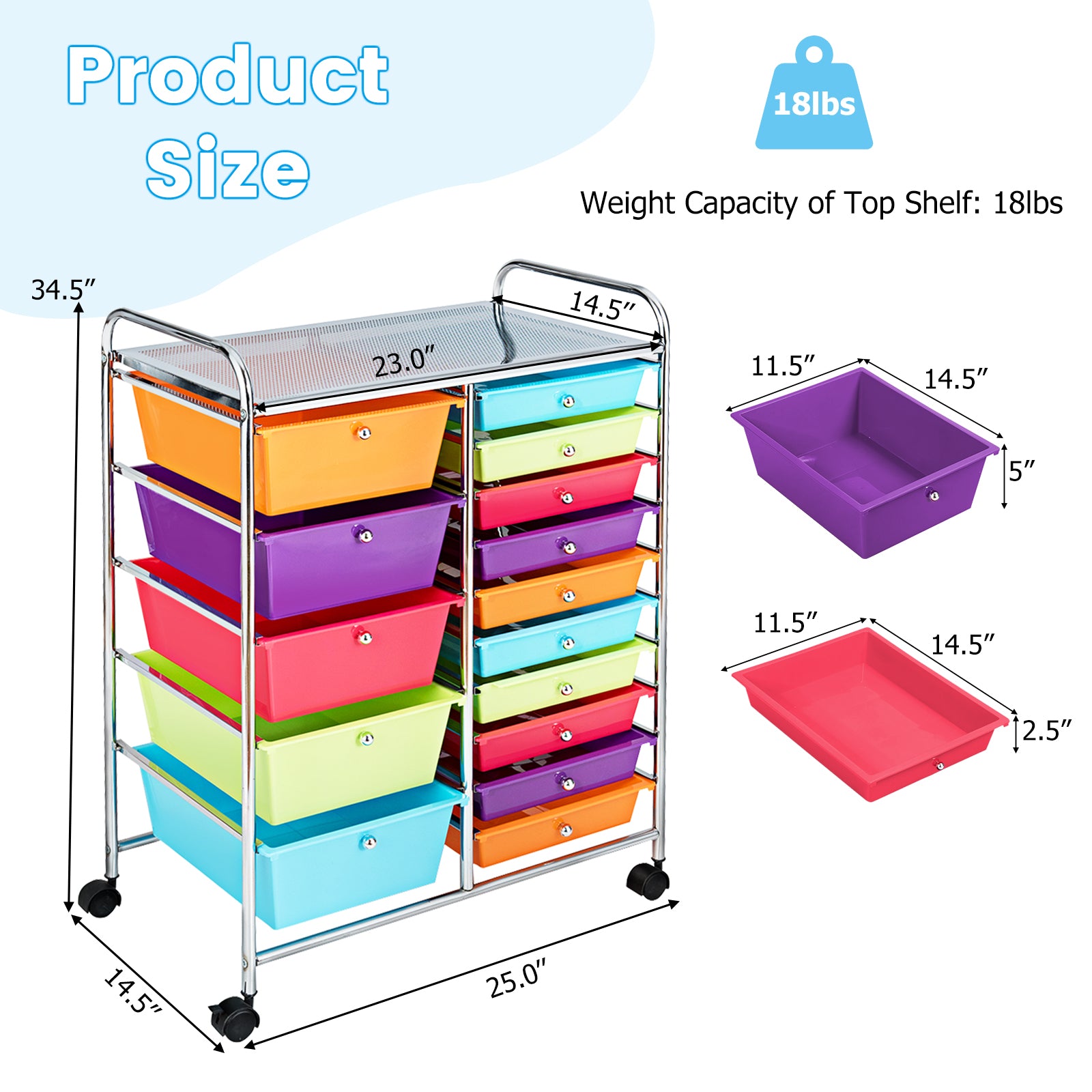15-Drawer Utility Rolling Organizer Cart Multi-Use Storage-MulticolorÂ