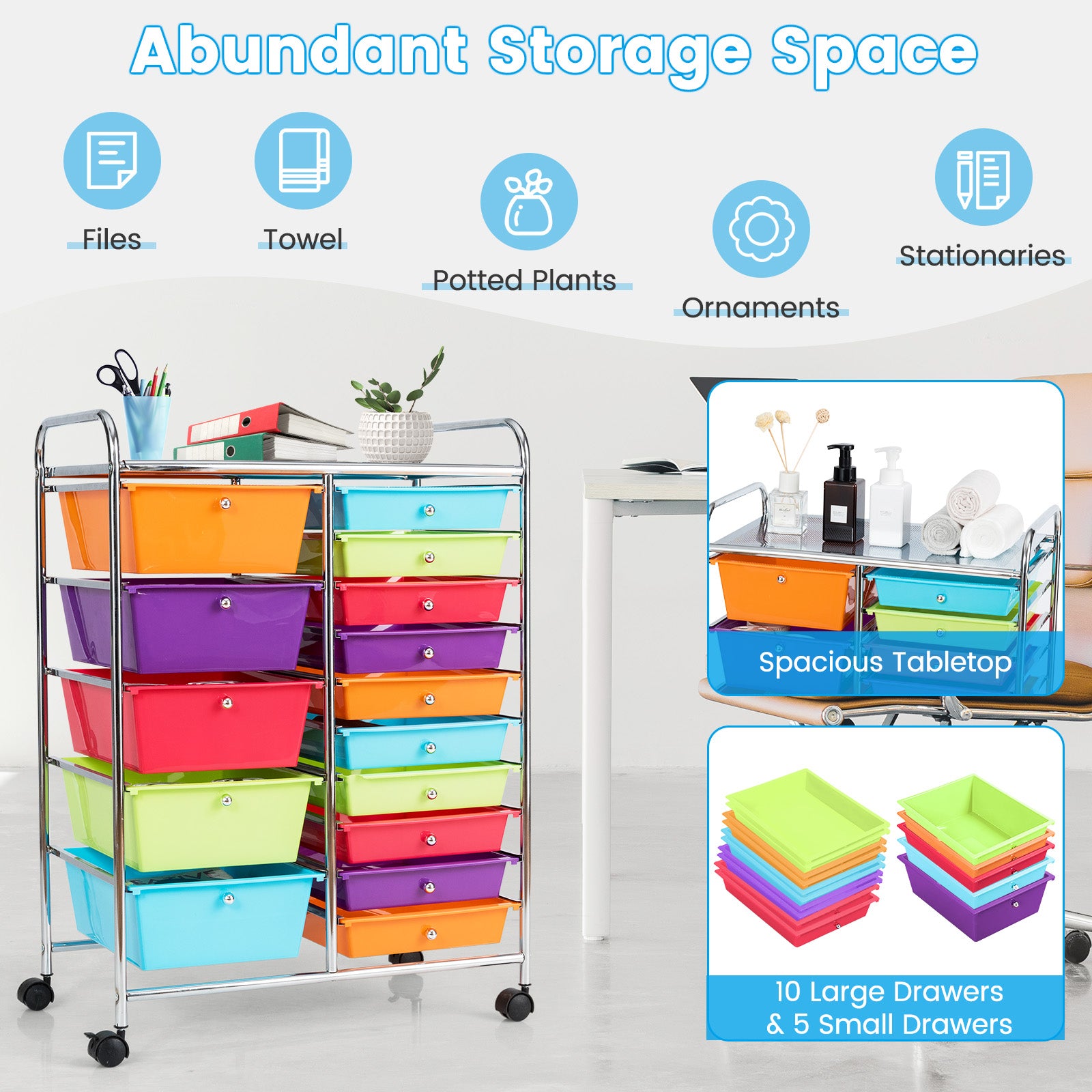 15-Drawer Utility Rolling Organizer Cart Multi-Use Storage-MulticolorÂ
