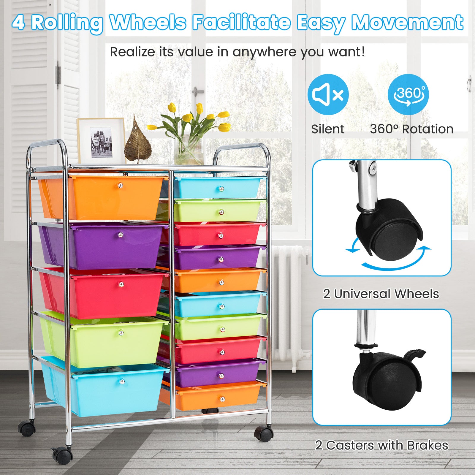 15-Drawer Utility Rolling Organizer Cart Multi-Use Storage-MulticolorÂ
