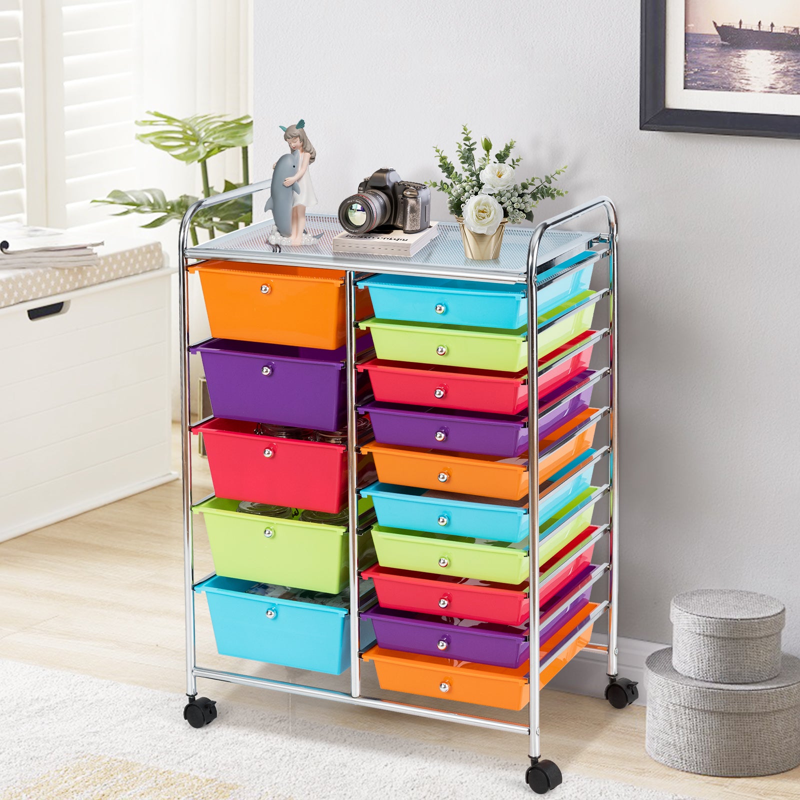 15-Drawer Utility Rolling Organizer Cart Multi-Use Storage-MulticolorÂ