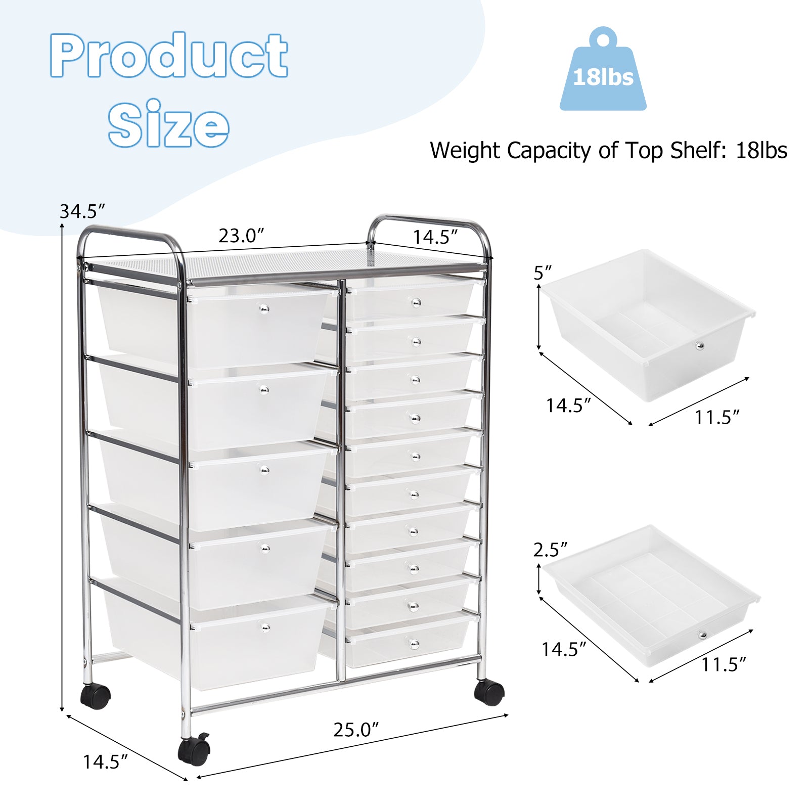 15-Drawer Utility Rolling Organizer Cart Multi-Use Storage-ClearÂ