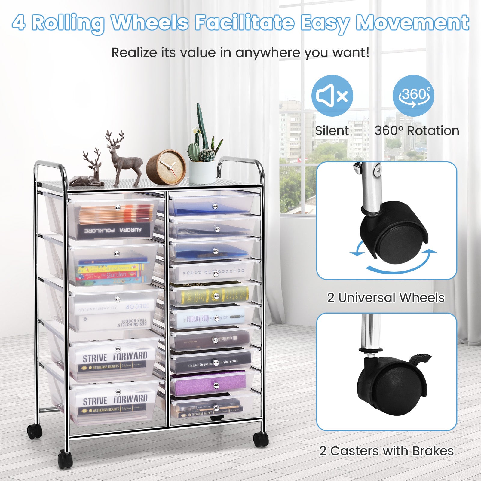 15-Drawer Utility Rolling Organizer Cart Multi-Use Storage-ClearÂ
