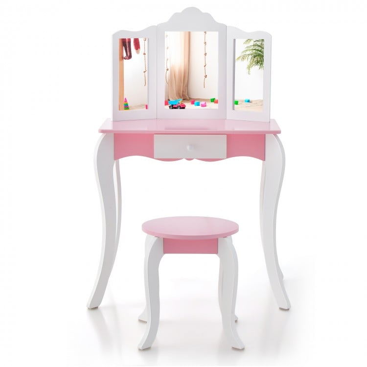 Kid's Wooden Vanity Table and Stool Set with 3-Panel Acrylic Mirror-White