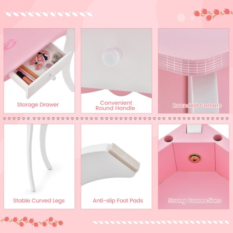 Kid's Wooden Vanity Table and Stool Set with 3-Panel Acrylic Mirror-White