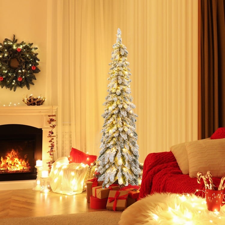 5 Feet Pre-Lit Artificial Christmas Tree Snow-Flocked Slim Pencil Xmas Decor