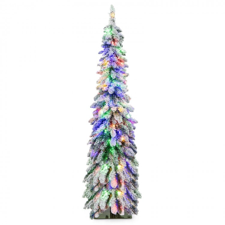 5 Feet Pre-Lit Artificial Christmas Tree Snow-Flocked Slim Pencil Xmas Decor