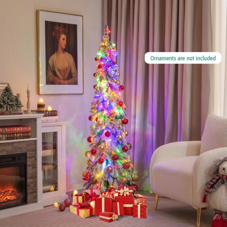 5 Feet Pre-Lit Artificial Christmas Tree Snow-Flocked Slim Pencil Xmas Decor