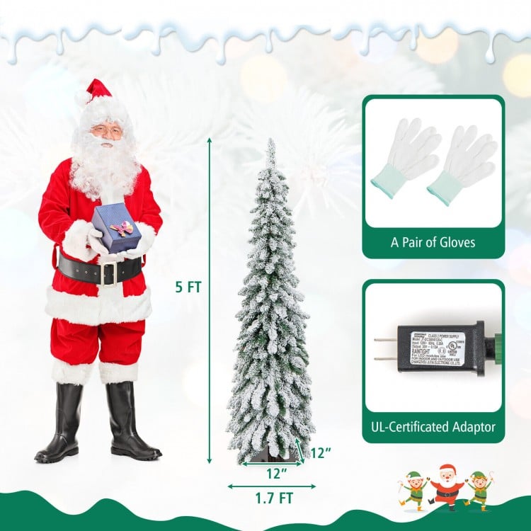 5 Feet Pre-Lit Artificial Christmas Tree Snow-Flocked Slim Pencil Xmas Decor