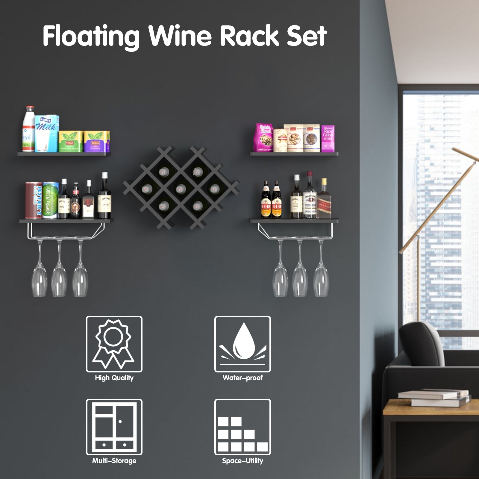 Set of 5 Wall Mount Wine Rack Set w/ Storage Shelves-BlackÂ