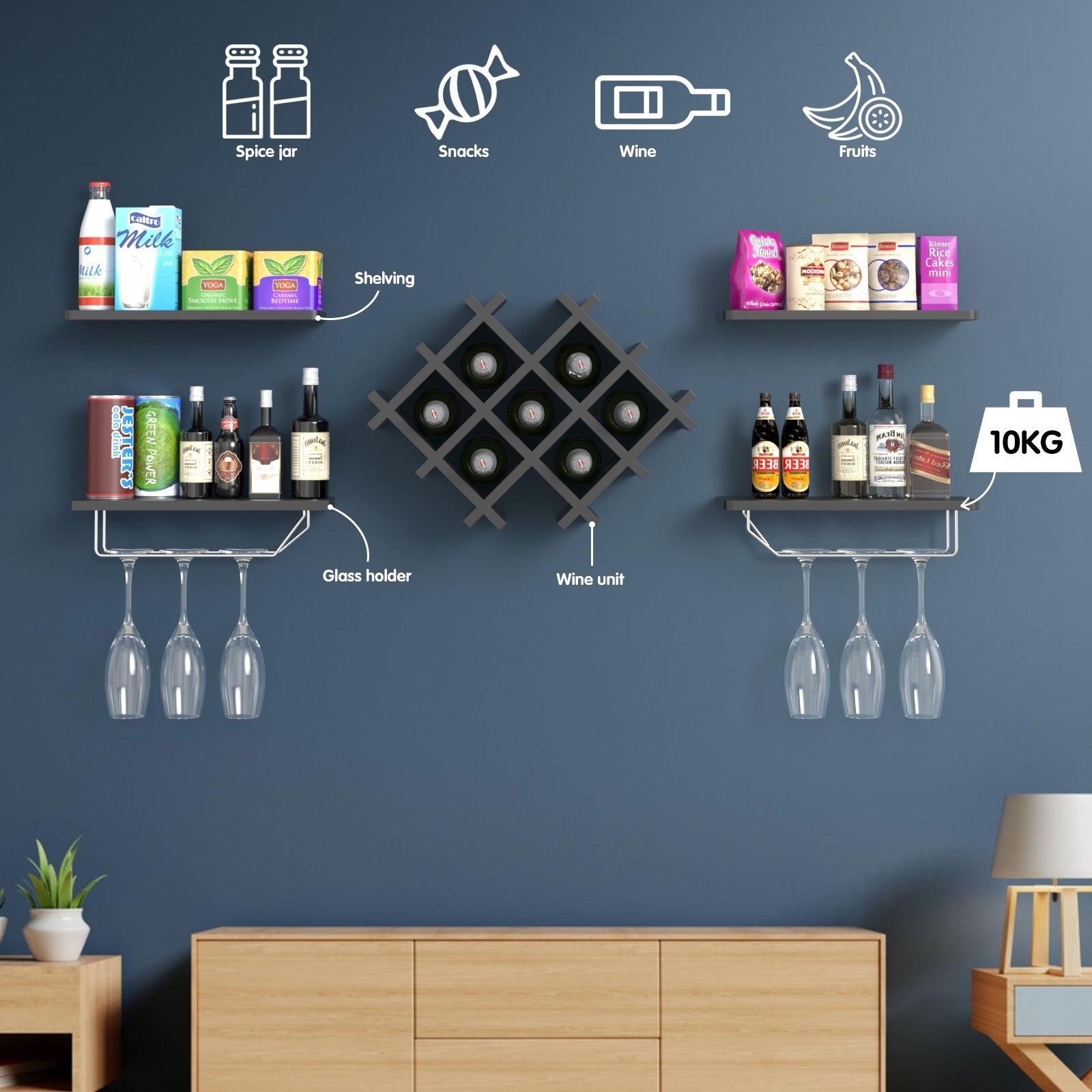 Set of 5 Wall Mount Wine Rack Set w/ Storage Shelves-BlackÂ