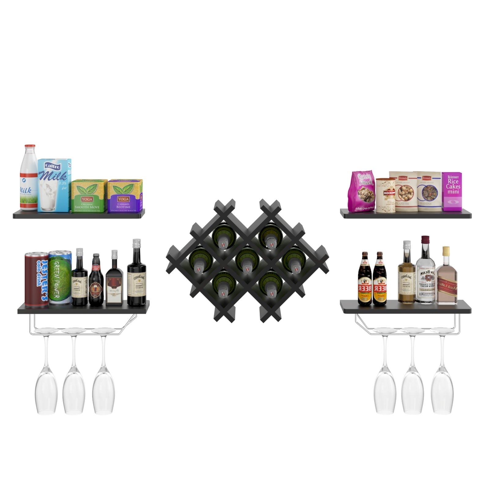 Set of 5 Wall Mount Wine Rack Set w/ Storage Shelves-BlackÂ