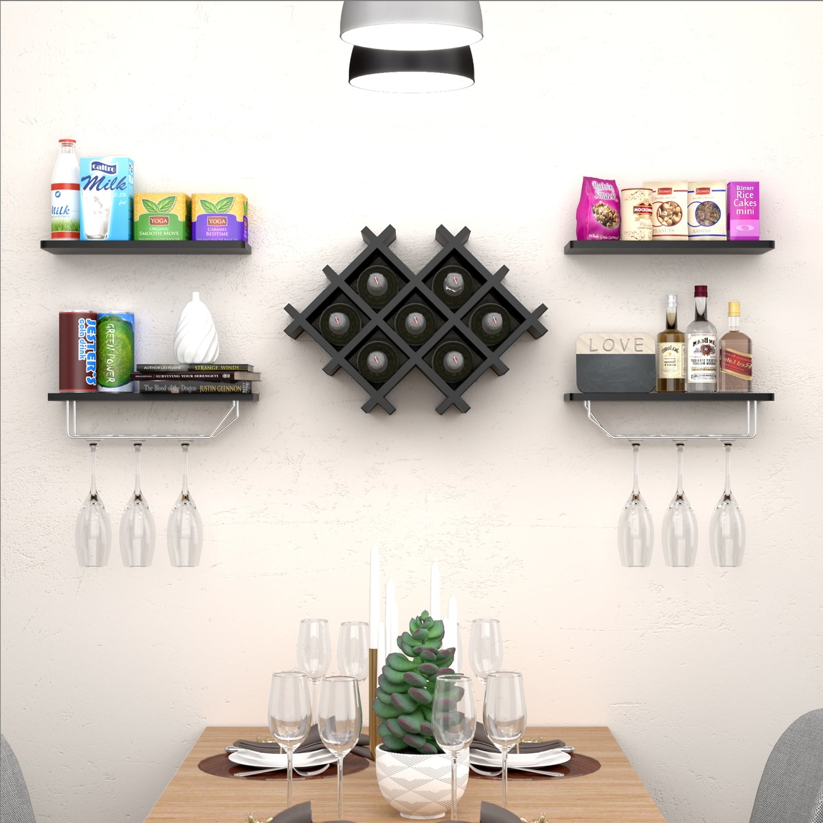 Set of 5 Wall Mount Wine Rack Set w/ Storage Shelves-BlackÂ