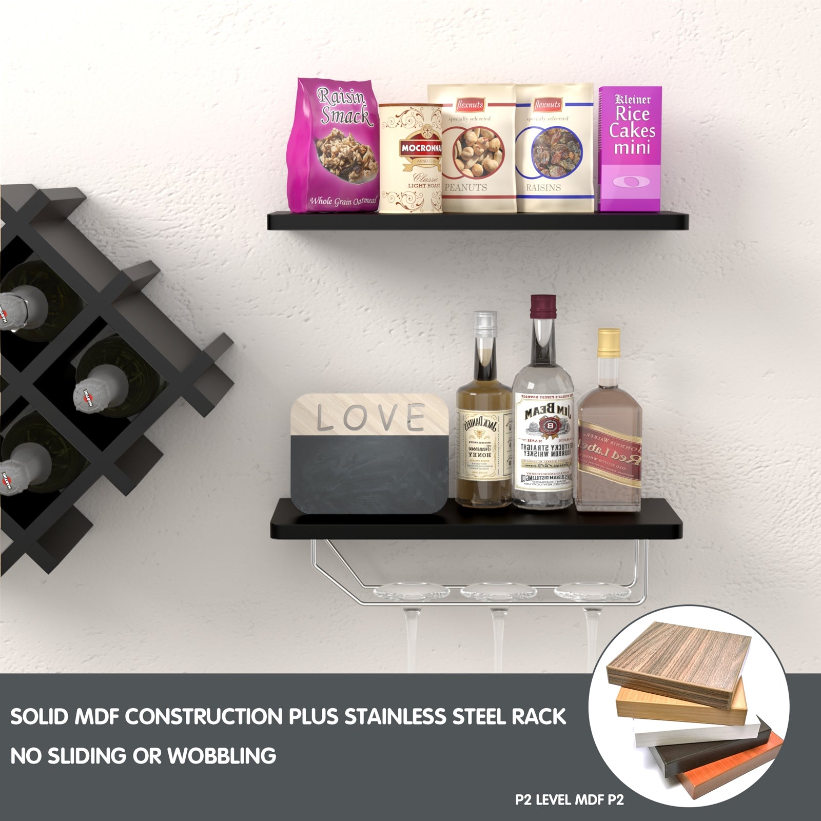 Set of 5 Wall Mount Wine Rack Set w/ Storage Shelves-BlackÂ