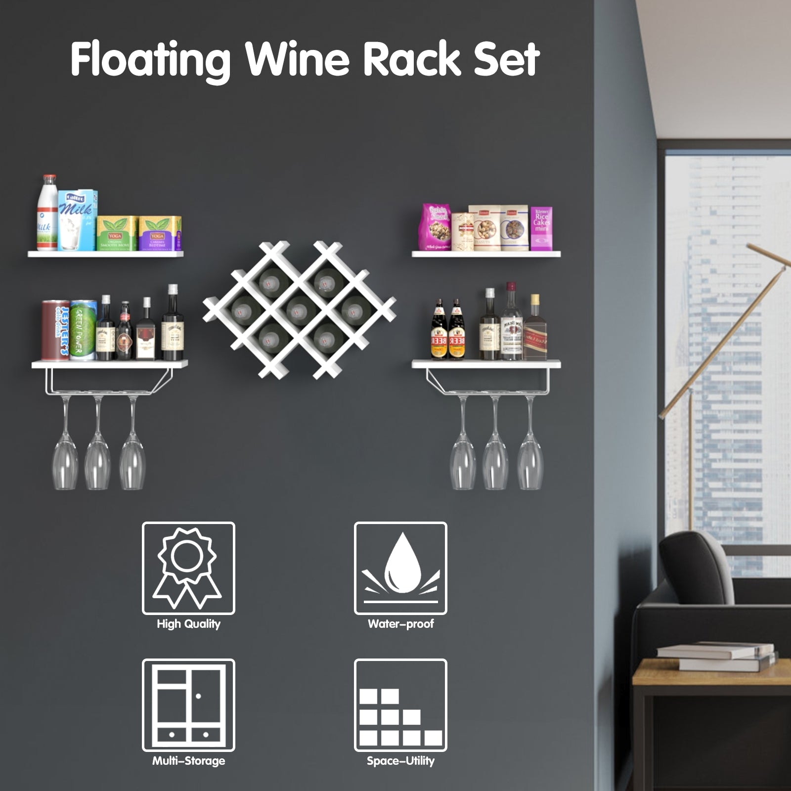 Set of 5 Wall Mount Wine Rack Set w/ Storage Shelves-WhiteÂ