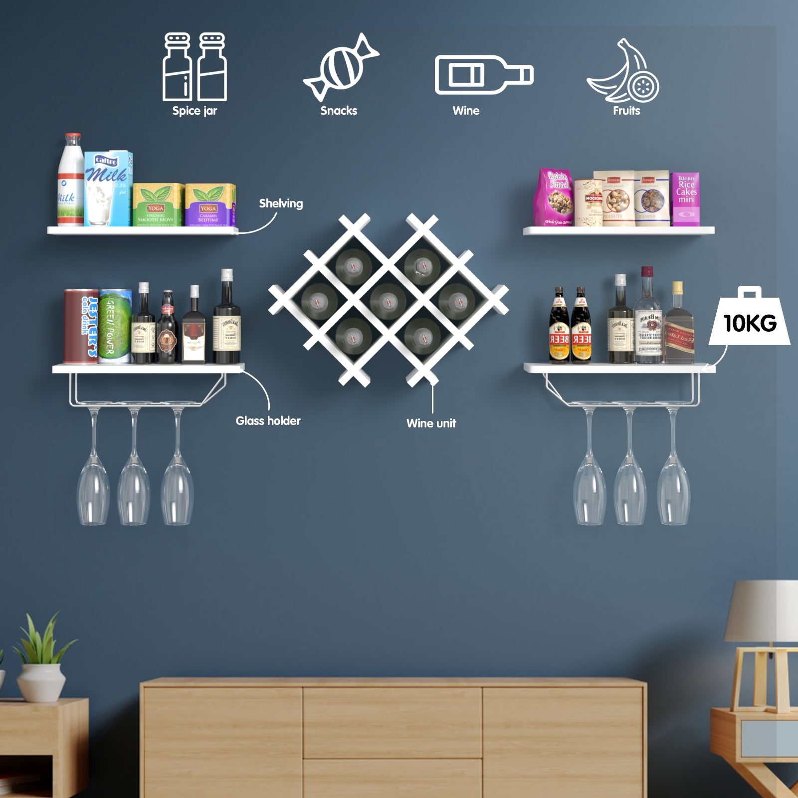 Set of 5 Wall Mount Wine Rack Set w/ Storage Shelves-WhiteÂ