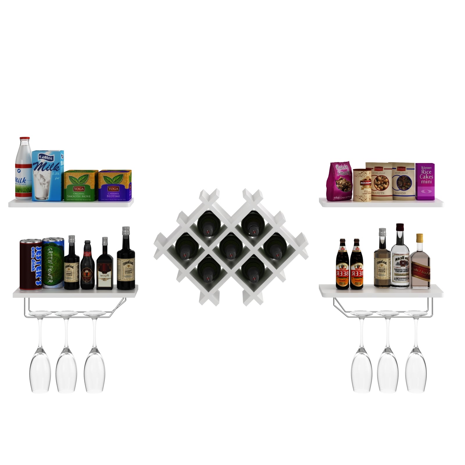Set of 5 Wall Mount Wine Rack Set w/ Storage Shelves-WhiteÂ